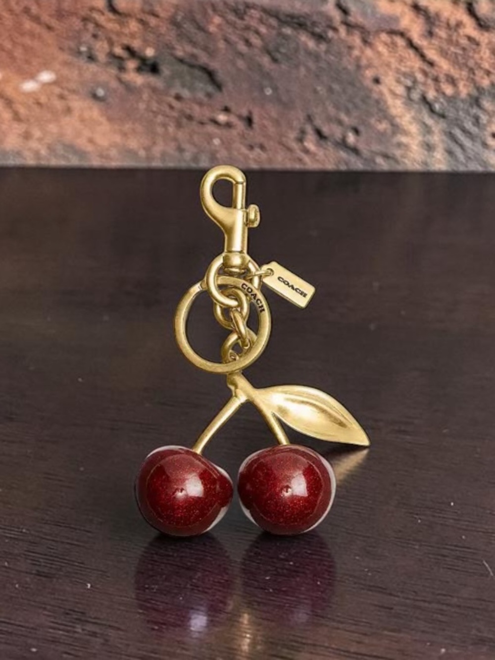 Coach Red Cherry Keychain Charm in Gold NWT